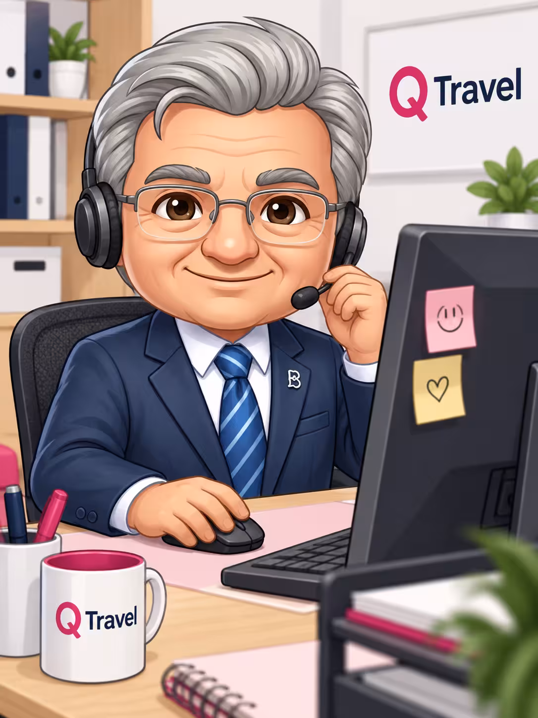 Coleg din suportul Q Travel la telefon cu un client